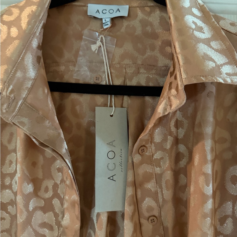 ACOA Peach Satin Leopard-Print Blouse